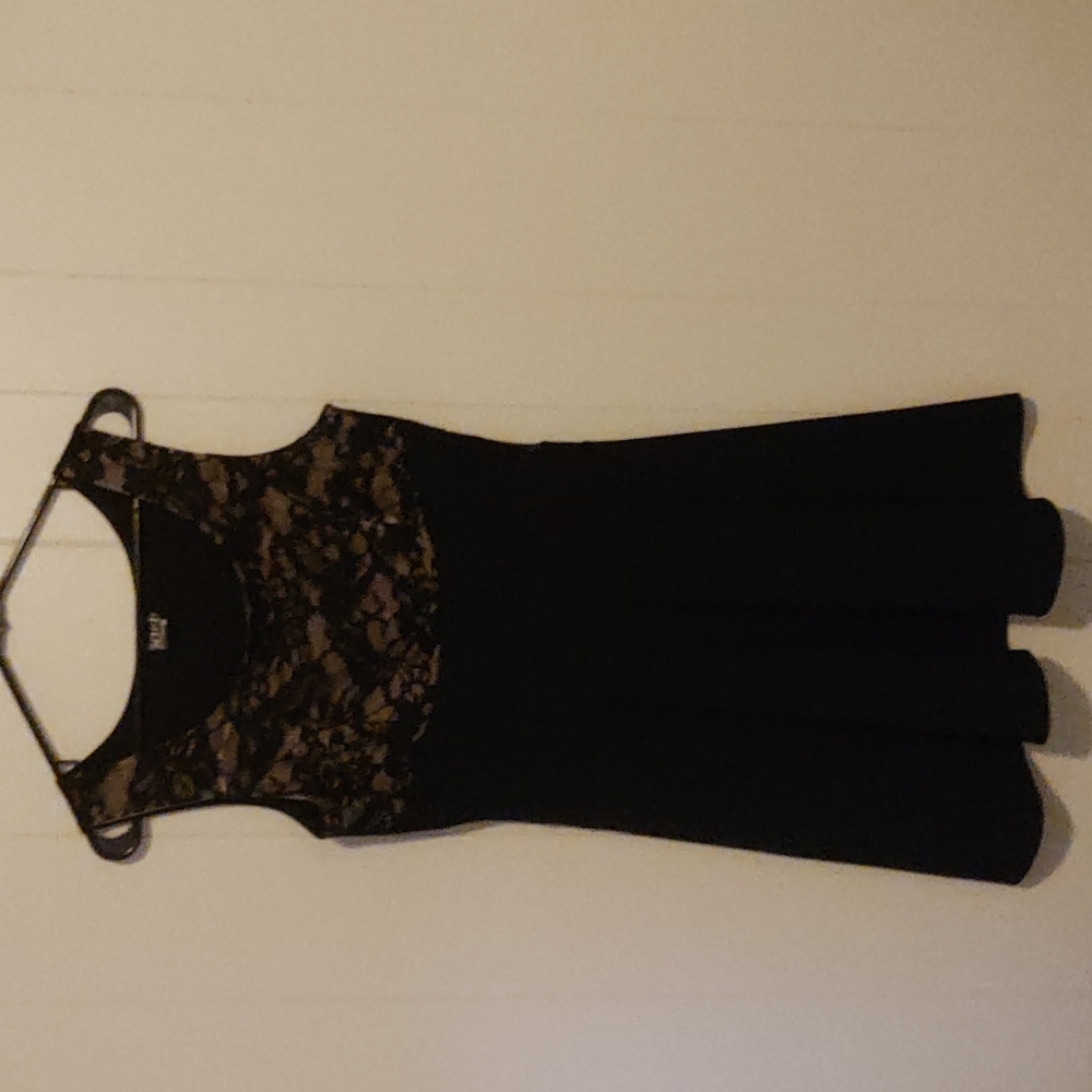 Deb, large, black dress with see through sides and lace top